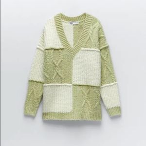 NWT Zara Blogger's Favorite Patchwork Sweater Green Cream Size Small